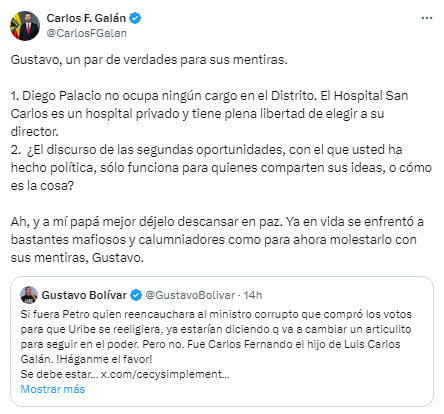 Alcalde de Bogotá responde a Gustavo Bolívar por crítica sobre supuesto nombramiento al condenado exministro Diego Pinzón